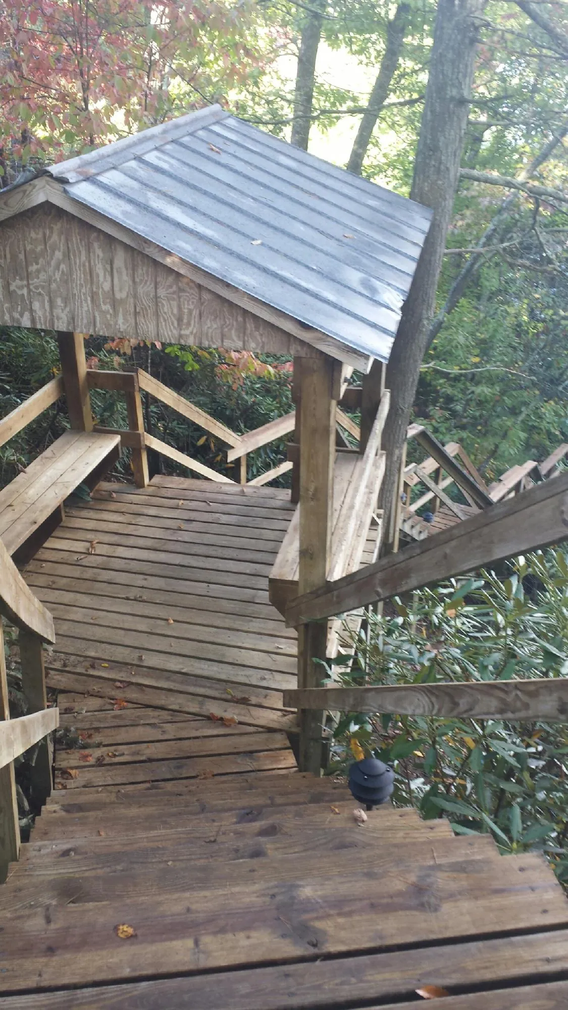Metal roofed shelter over wooden steps on a wooded walkway — Skylight Repair & Installation work by our crew in Neptune Beach